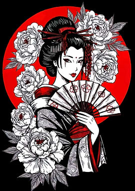 Geisha with Fan and Floral Accents