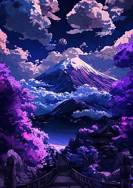 Purple Mountain Landscape with Bridge