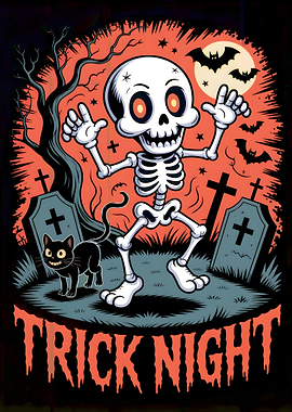 Cartoon Halloween Scene with Skeleton and Cat