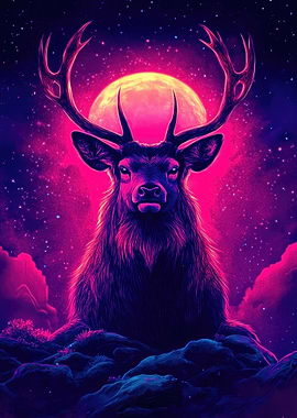 Neon Deer Under a Full Moon
