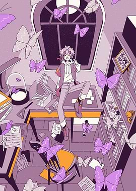 Anime character in a butterfly-filled room
