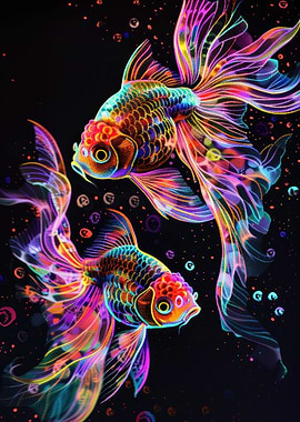 Neon Goldfish Pair on Black