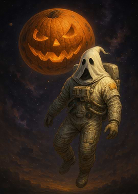 Halloween Astronaut with Pumpkin in Space