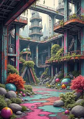 Overgrown Industrial Complex with Colorful Accents