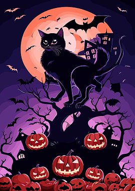 Halloween Night with Black Cat and Pumpkins