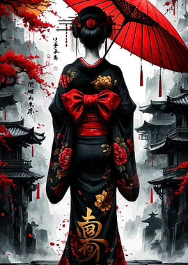 Geisha in Kimono with Red Umbrella