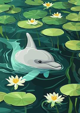 Dolphin in Lily Pond Illustration