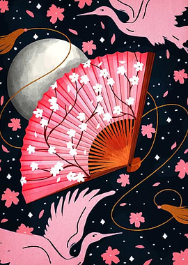 Japanese Fan with Cranes and Moon