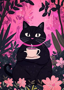 Black Cat with Tea in Pink Garden