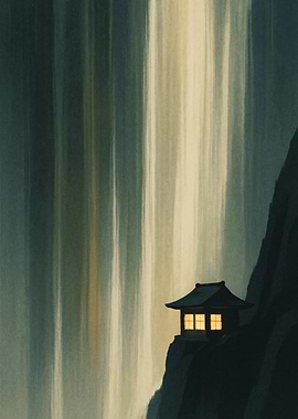 Japanese Temple by Waterfall