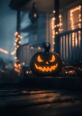 Halloween Pumpkin on Porch at Night