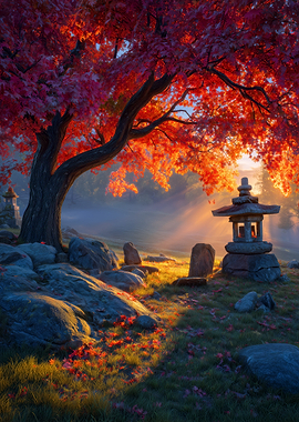 Autumn Japanese Garden with Stone Lantern