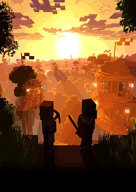 Minecraft Village at Sunset