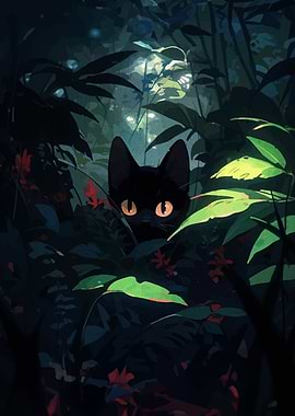 Black Cat in Lush Greenery