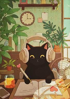 Studious Black Cat with Headphones