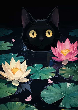 Black Cat in Lily Pond