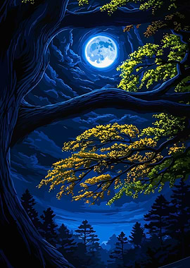 Moonlit Night Forest Landscape