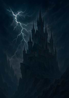 Dark Castle Under Lightning Storm