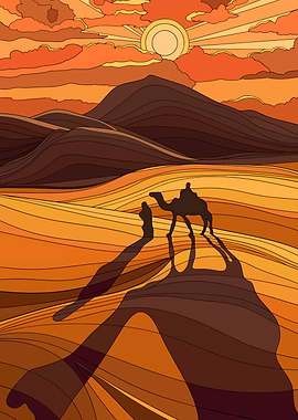 Camel Caravan in Desert Landscape Art