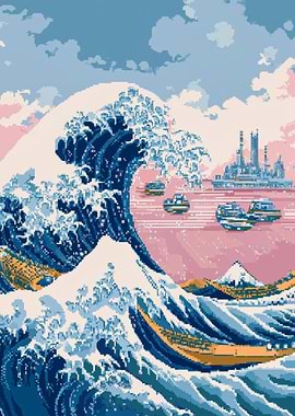 Pixel Art Great Wave with Spaceships