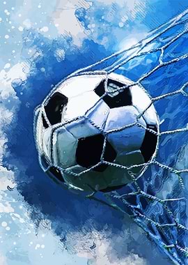 Soccer ball in net, blue watercolor