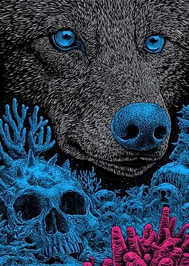 Wolf, Skulls, and Coral Poster