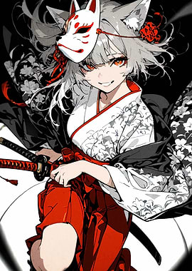 Anime Girl with Fox Mask and Katana