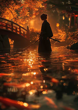 Samurai in Autumn Koi Pond