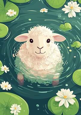 Sheep in Pond with Lily Pads
