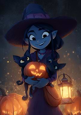 Cute Witch with Cats and Pumpkin