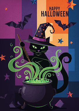 Halloween Cat Witch Cauldron
