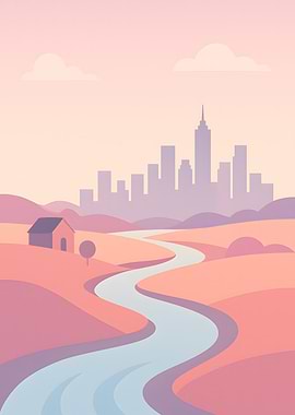 Pastel Landscape with City Skyline