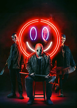 Masked Figures with Neon Smiley Face