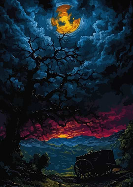 Night Landscape with Moon and Wagon