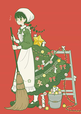 Christmas Maid with Broom Illustration