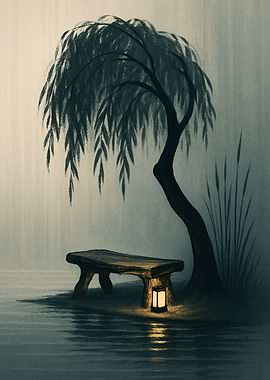 Willow Tree Bench with Lantern