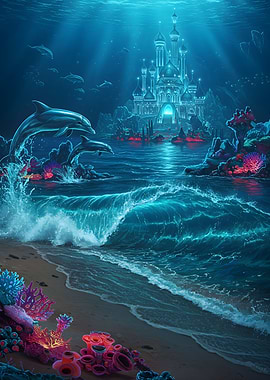Underwater Castle with Dolphins and Coral