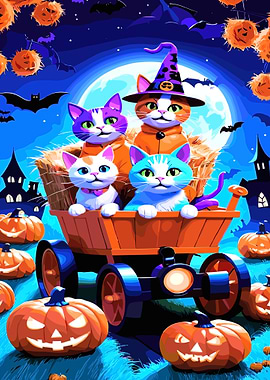 Halloween Cats in Wagon