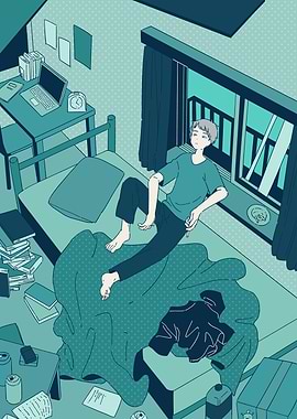 Teenager in messy room illustration