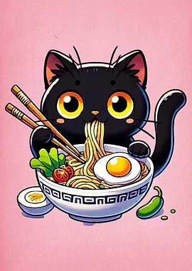 Cartoon Cat Eating Ramen Illustration