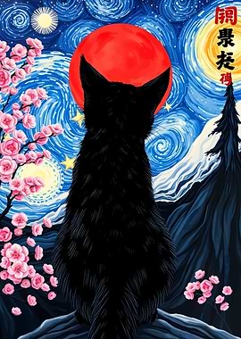 Black Cat Stargazing Van Gogh Style