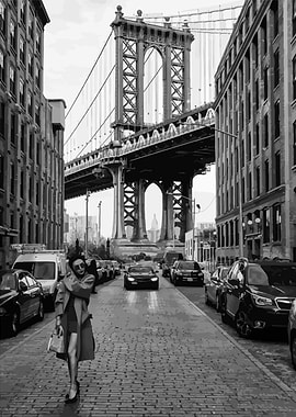 Black and White Cityscape with Bridge