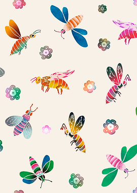 Colorful Insect and Flower Pattern