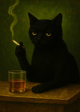 Moody Black Cat – Smoking Cat with Whiskey Dark Humor