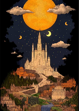 Fantasy Castle Under a Giant Moon