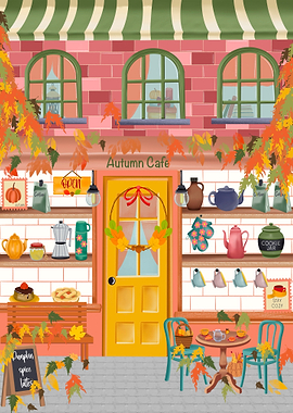 Autumn Cafe Illustration with Fall Decor