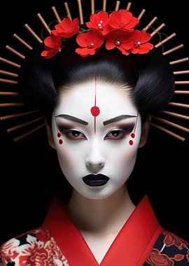 Geisha Portrait with Red and Black Accents