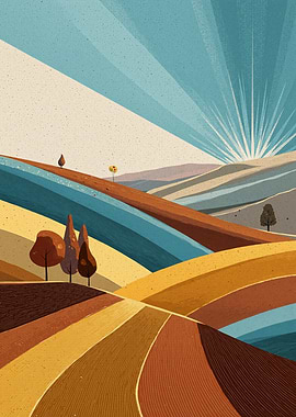 Abstract Autumn Landscape with Sun Rays