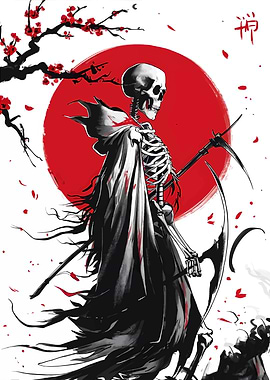 Grim Reaper with Scythe and Red Sun