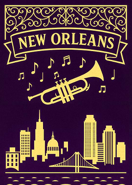 New Orleans Cityscape with Trumpet and Notes